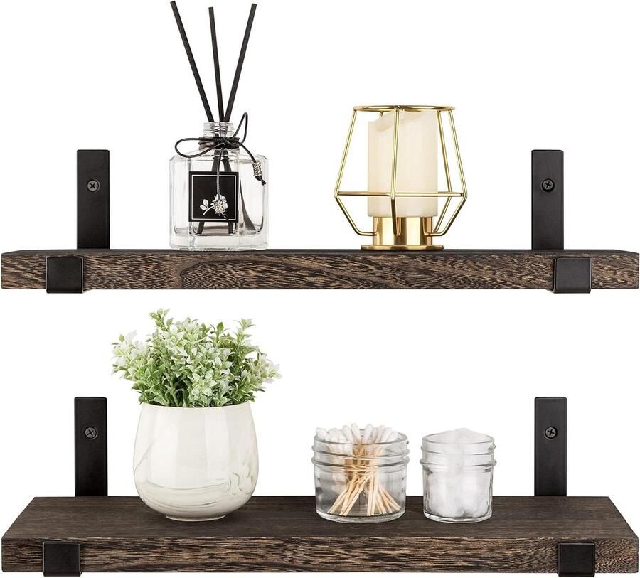 Smoakez Rustieke houten wandplanken 60 cm met beugels voor woonkamer slaapkamer badkamer set van 2 opbergrek thuis en kantoor