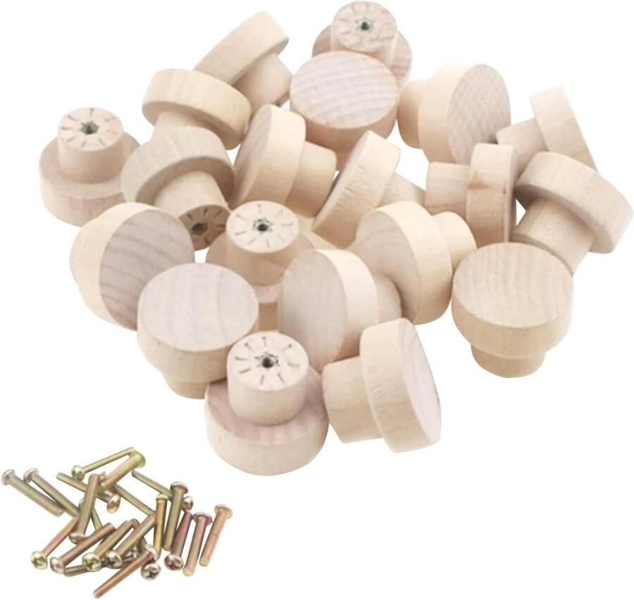 Smoakez Set van 20 Houten Knoppen met Schroeven Ronde Handgrepen van Onbewerkt Hout Ideaal voor Lades en Meubels (Diameter 35 mm x 25 mm)