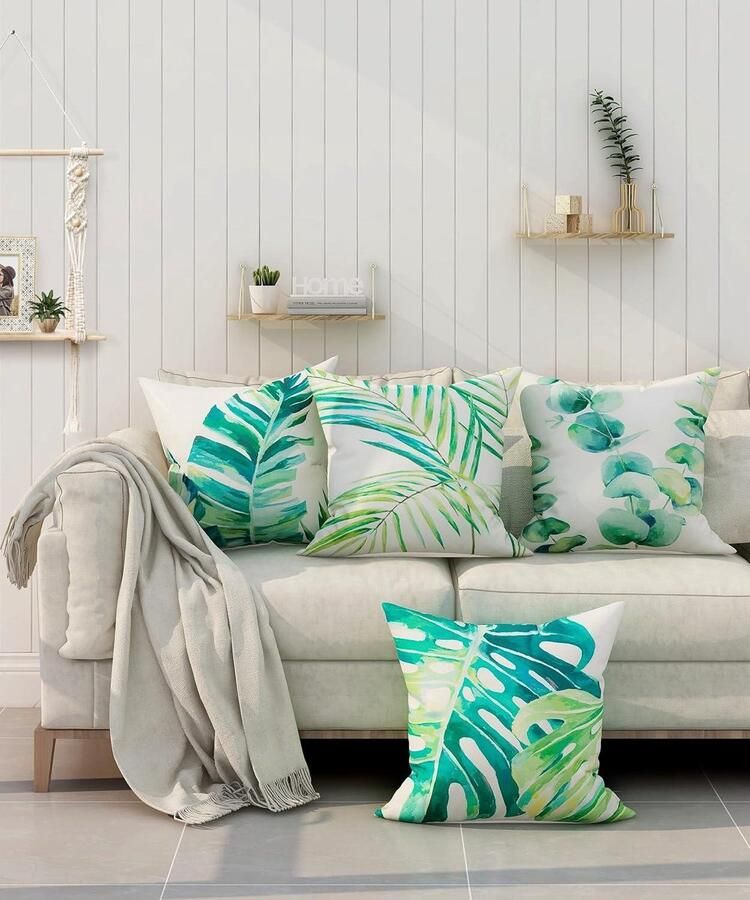 Smoakez Set van 4 kussenslopen 45x45 cm in groen blauw geel plantpatroon en wit Geschikt voor outdoor sofa en slaapkamer woonkamer Decoratie met bloemmotieven Verfris je interieur!