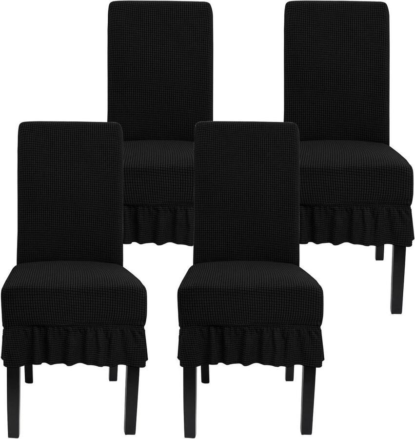 Smoakez Set van 4 stretch stoelhoezen voor eetkamerstoelen Hoge rug Zwart geruit Met rok Voor eetkamer restaurant banket Inclusief 4 stuks