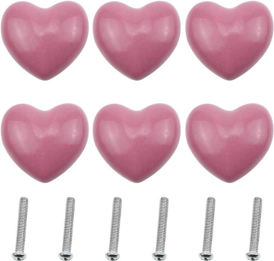 Allecto Premium 6 stuks Roze Keramische Deurknoppen Hartvorm voor Meubels Keuken Kinderen Badkamer Inclusief Schroeven