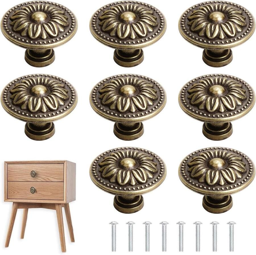 Allecto Premium Set van 8 antieke bronzen kastknoppen Vintage handgrepen voor kasten Retro lade trekknoppen Meubelbeslag 30mm diameter