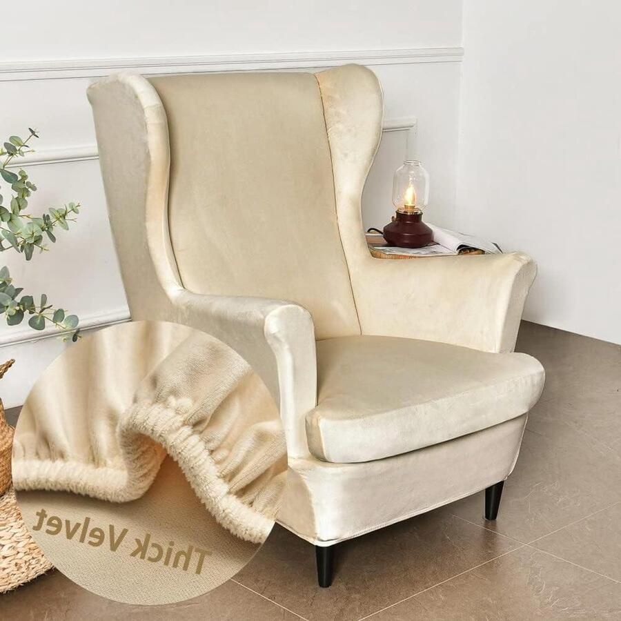 Smoakez Stretch vleugelstoelhoezen in effen kleur voor fauteuils. Fluwelen bankhoes voor woonkamer of hotel Beige. Beschermer voor vleugelstoelen Meubelbescherming