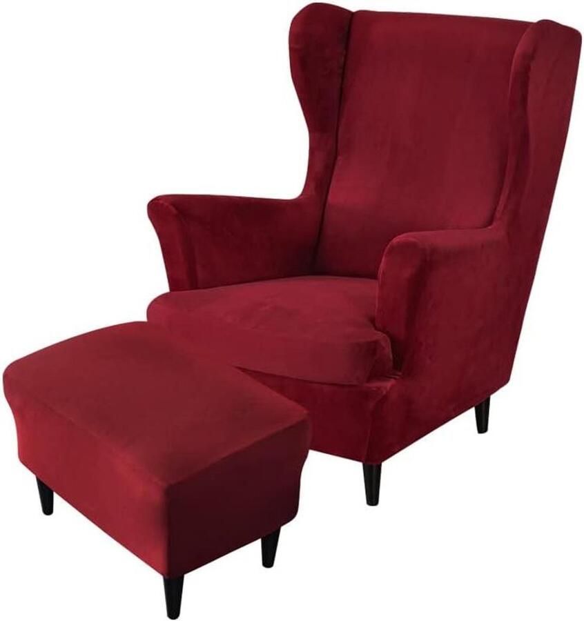 Smoakez Velvet Wingback Stoelhoezen met Ottomaanse Hoes Stretch Chair Hoes Wasbare Bankhoes Meubelbeschermer Fauteuils en Slaapkamer Hotel Donkerrood