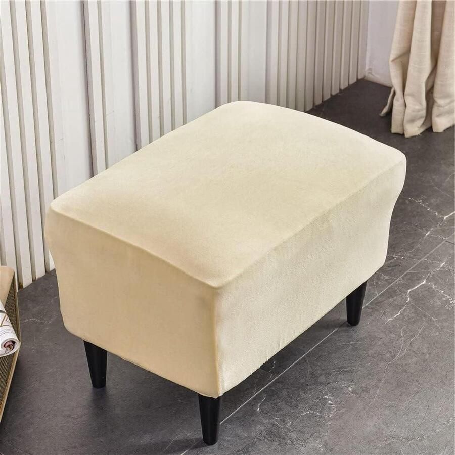 Allecto Premium Ottomaanse voetenbankhoes fluweel spandex hoes rechthoekig krukbeschermer stofdicht wasbaar beige 1 stuk