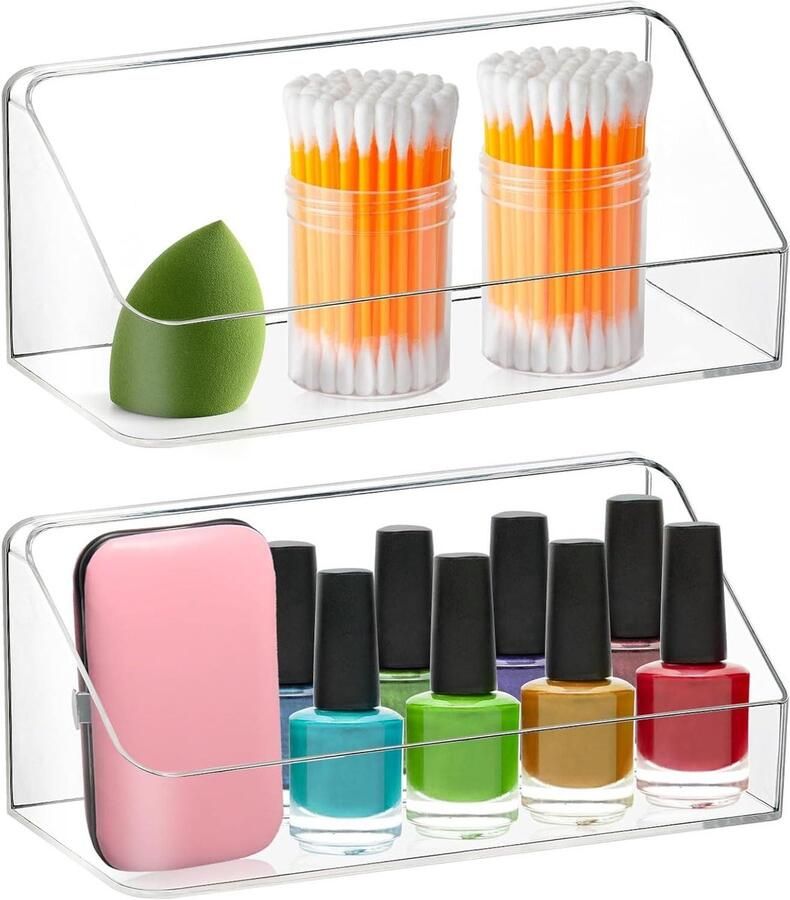 Smoakez Wandgemonteerde opbergorganizer voor badkamer en slaapkamer zonder boren Transparant Set van 2 stuks