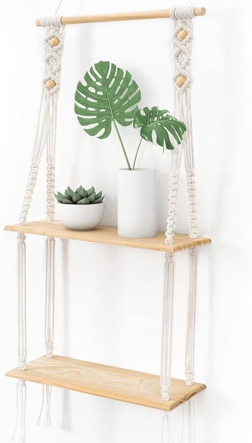 Allecto Premium Wandrek hout decoratief boho stijl handgeweven macramé wanddecoratie Zwevende plank Plantenrek voor balkon slaapkamer badkamer Boho decoratie voor woonkamer hal kinderkamer