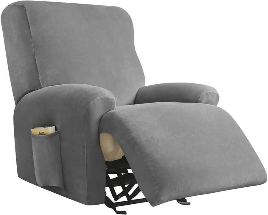 Smoakez Zacht fluwelen Relax stoelhoes 4-delig rekbaar en antislip met zijvak meubelbescherming wasbaar voor 1-zits kantelbare stoel Donkergrijs