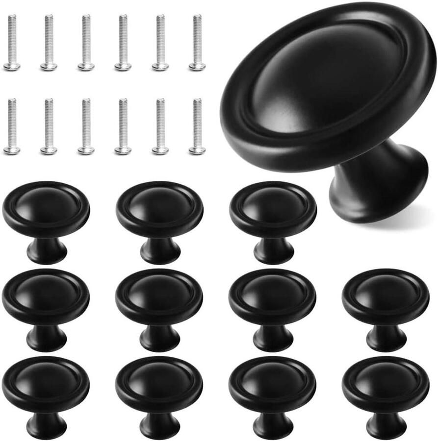Set van 12 Zwarte kast deurknoppen Paddestoel design Aluminiumlegering Ø 30 mm Inclusief schroeven Ladeknop en trekgreep Voor keuken kasten en laden