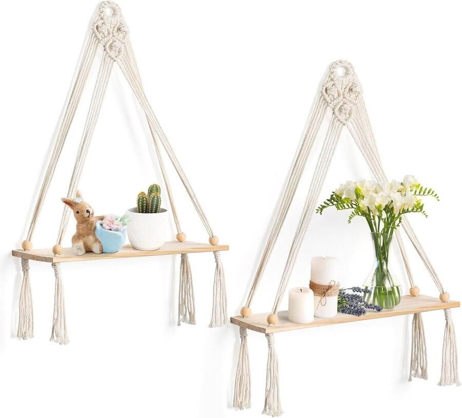 Smoakez Zwevend Wandrek van Hout met Macramé Boho Decoratie voor Badkamer Woonkamer Balkon Handgeweven Hangrek voor Planten Set van 2 Stuks