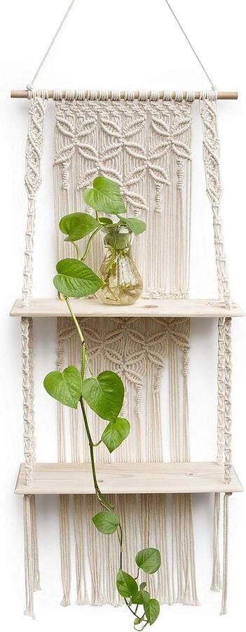 Smoakez Zwevende Macrame Wandplank voor Boheemse Decoratie en Opbergen Handgemaakt met 2 Lagen Geweven Planken voor Badkamerplanten en Fotolijsten Thuisorganisator met Boho uitstraling