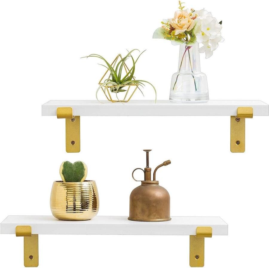 Allecto Premium Zwevende planken set van 2 wit modern design decoratieve planken gouden metalen beugels rustiek hout wandplank voor badkamer slaapkamer en meer