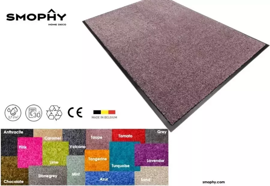 Smophy Home Wash & Clean vloerkleed entree mat voor professioneel gebruik droogloop kleur Aubergine machine wasbaar 30° 180 cm x 120 cm