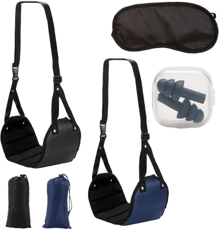 SNONESIY 2-pack draagbare vliegtuigvoetsteun met 2-pack oogbeschermingsmaskers zwart blauw spons gaas polyester verstelbaar ergonomisch voetensteun