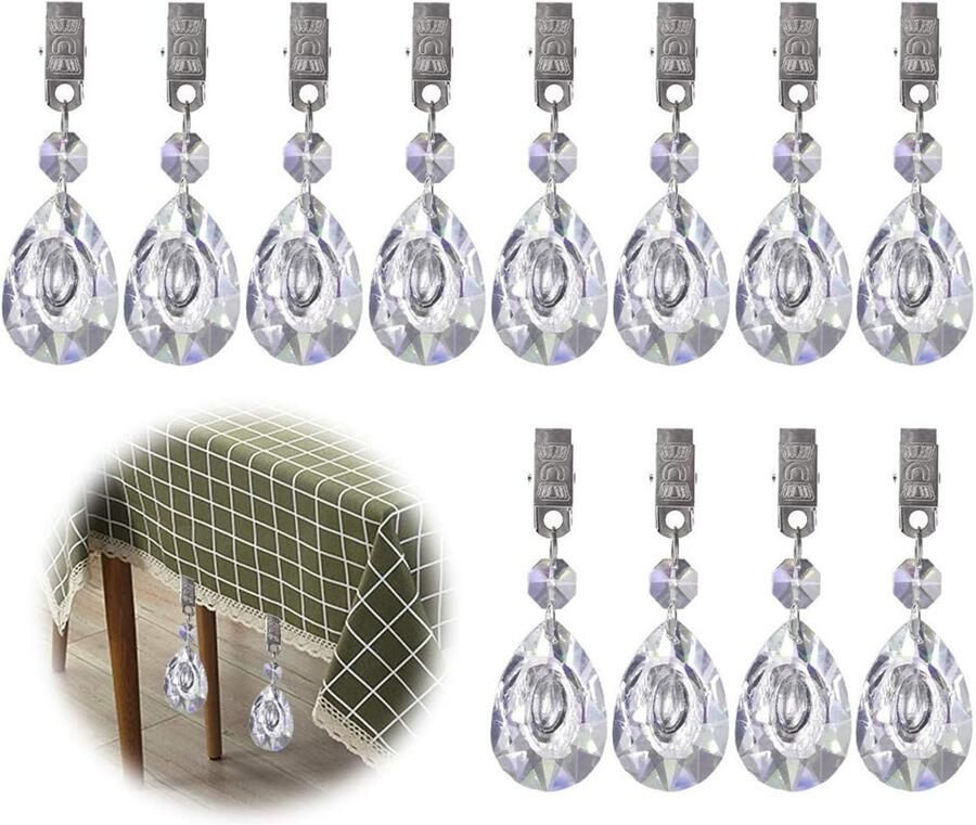 SNQ 12 stuks Tafelkleedhanger Tafelkleedgewichtset Metalen clip Kristallen glazen traanvormig prisma tafelkleedgewicht