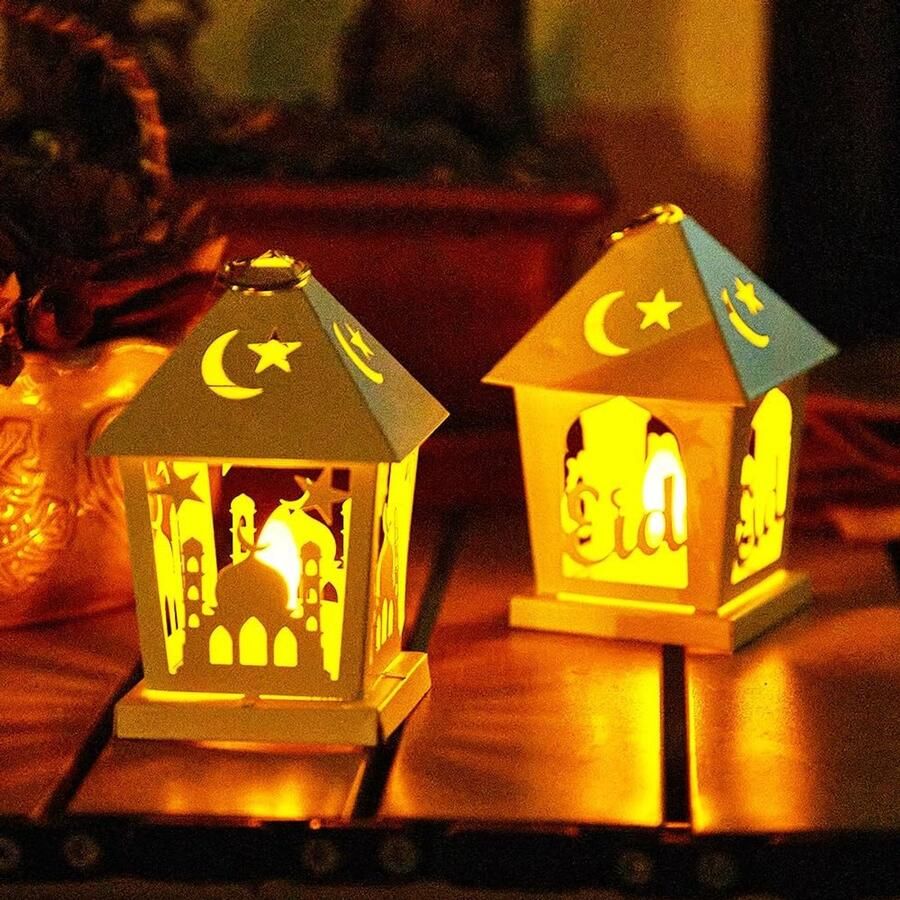 SNQ 2 stuks Ramadan Lantaarn Metaal- Ramadan Decoraties Mubarak- Eid Decoratie met Vlamloze Kaars- Ramadan Lichten- Lantaarns voor Woonkamer Bruiloft Centrepieces Tafels Opknoping Moslim Geschenken Ramadan