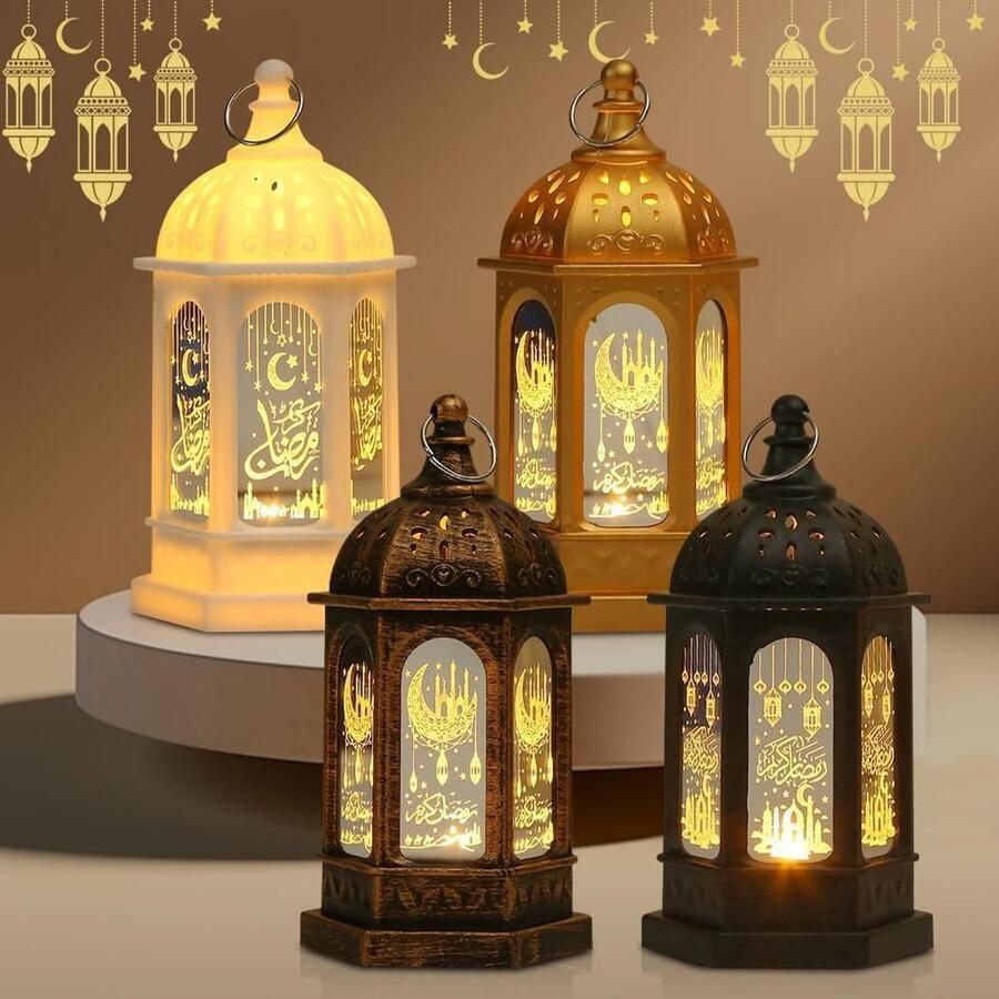 SNQ 4 Stks LED Kaarsen Lantaarn voor Ramadan Vintage Metalen Theelicht Glas Lantaarn Decoratieve Opknoping Lamp Houder voor Tuin Patio Balkon Yard Decor Outdoor Indoor [Energieklasse B]
