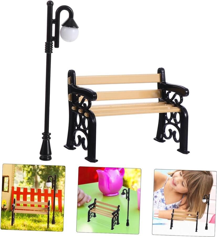 SNQ 6 Stuks Poppenhuis Speelgoed Mini-accessoires Buiten Banken Buitenmeubels Kerstversiering Voor Buiten Hars Decoratie Accessoires Mini-stoel Metaal Kind Ornamenten Straatlantaarn