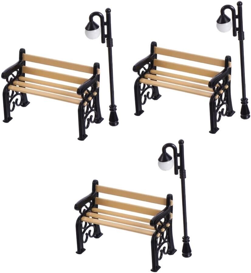 SNQ 6 stuks Poppenhuis Speelgoed Miniatuur Accessoires Buitenbanken Buitenmeubels Kerstversiering Decoratieve Accessoires van Hars voor Buiten Mini Stoelen Metaal Kinderornamenten Straatverlichting