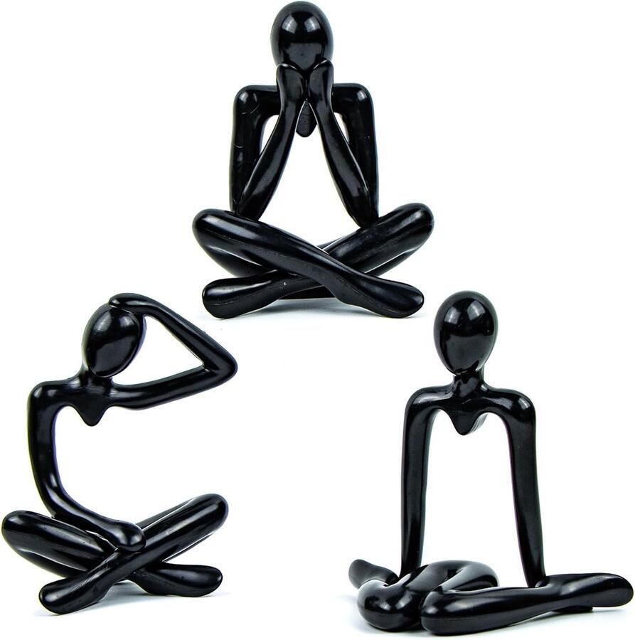 Decoratieve figuren voor binnen abstracte denker sculptuur van afneembare kunststof moderne ornamenten decoratief beeld voor thuis kantoor tafel en woonkamer (3 stuks zwart)