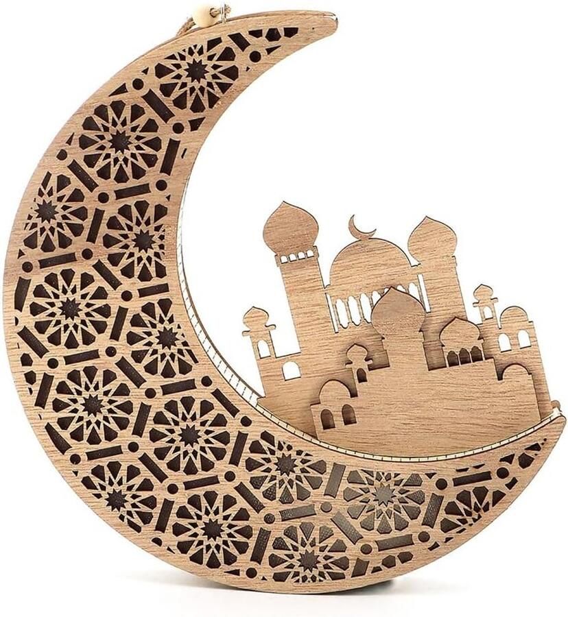 SNQ Houten maanlamp hangende decoratie- LED-maanlamp met moskee-decoratie- houten halve maan lamp hangend ornament- uitgehold houten maanteken- nachtlamp voor festival- feest- wanddecoratie Ramadan