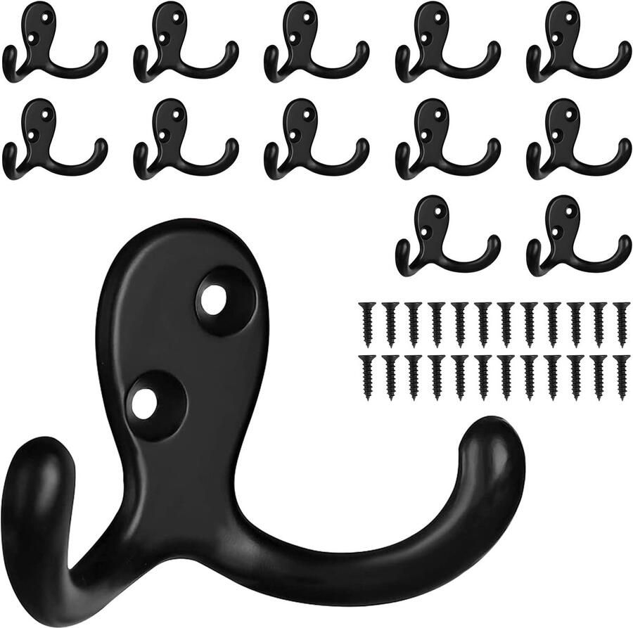 SNQ Kapstokhaken 12 stuks 71×45×28 mm Met schroeven Metalen wandhaken Handdoekhaken Handdoekrekken Geschikt voor badkamer slaapkamer keuken woonkamer Zwart