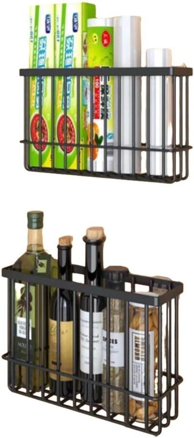 SNQ Keukenkastdeurorganizer Kast opbergmand 2 stuks- Zelfklevende wandorganizer Geschikt voor kasten badkamers en koelkasten Opbergdozen voor kleine spullen Zwart