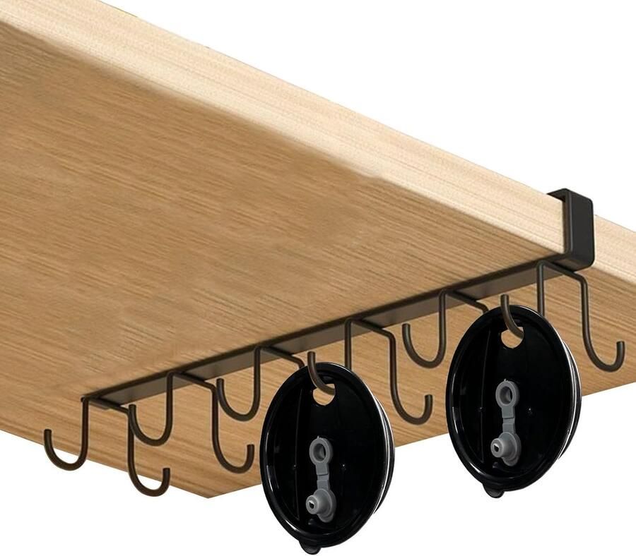 SNQ Keukenkasthaken Bekerhouder onder de plank Aan de muur bevestigde koffiebekerhouder met 6 haken Metalen opbergrek voor keukenkasten potten pannen spatels Ruimtebesparende organizer Zwart