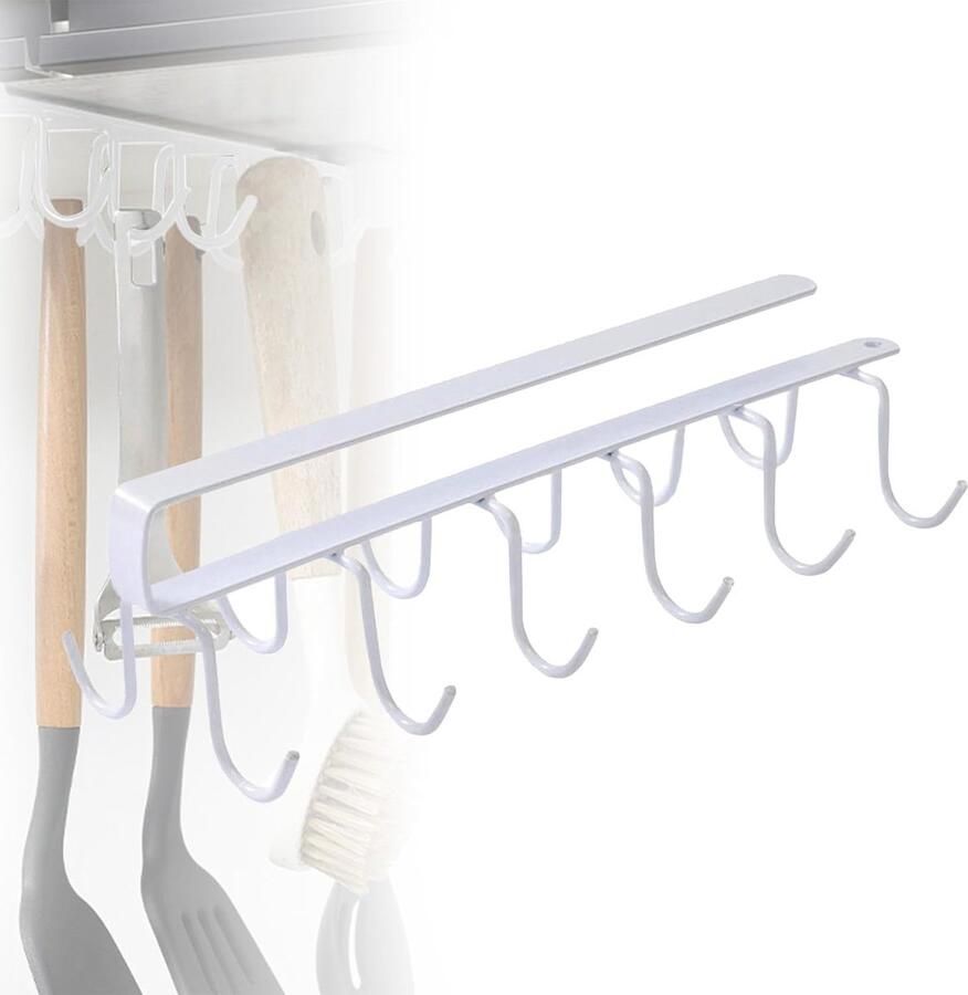 SNQ Keukenkasthaken Bekerhouder onder de plank Aan de muur bevestigde koffiebekerhouder met 6 haken Metalen opbergrek voor keukenkasten potten pannen spatels Ruimtebesparende organizer Wit