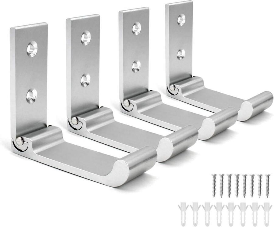 SNQ Kledinghaak Opvouwbaar aluminium Verpakking van 4 13 4 × 10 7 × 2 cm- Wandmontage Opvouwbare multifunctionele kledinghanger Versterkte afgeronde hoeken Voor badkamer keuken slaapkamer kast Silver