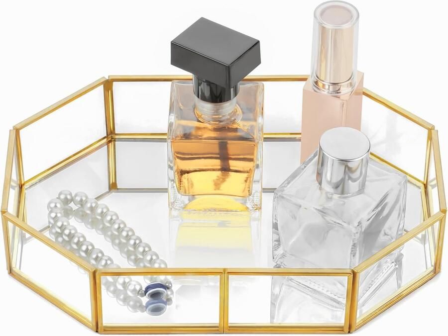 Octagonale Decoratieve Spiegel Tray met Gouden Rand Grote Gouden Sieraden Tray Organizer Make -up Parfum Esthetische Houder voor Werkblad Slaapkamer Badkamer Kaptafel en Meer