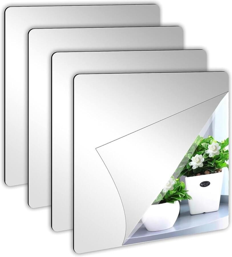 SNQ Zelfklevende Spiegel 4 Stuks 20×20cm Zelfklevende Acryl Spiegel Vierkante Wandspiegel Zonder Frame Verwijderbaar Geschikt voor Kasten Wanden Badkamers Zilver