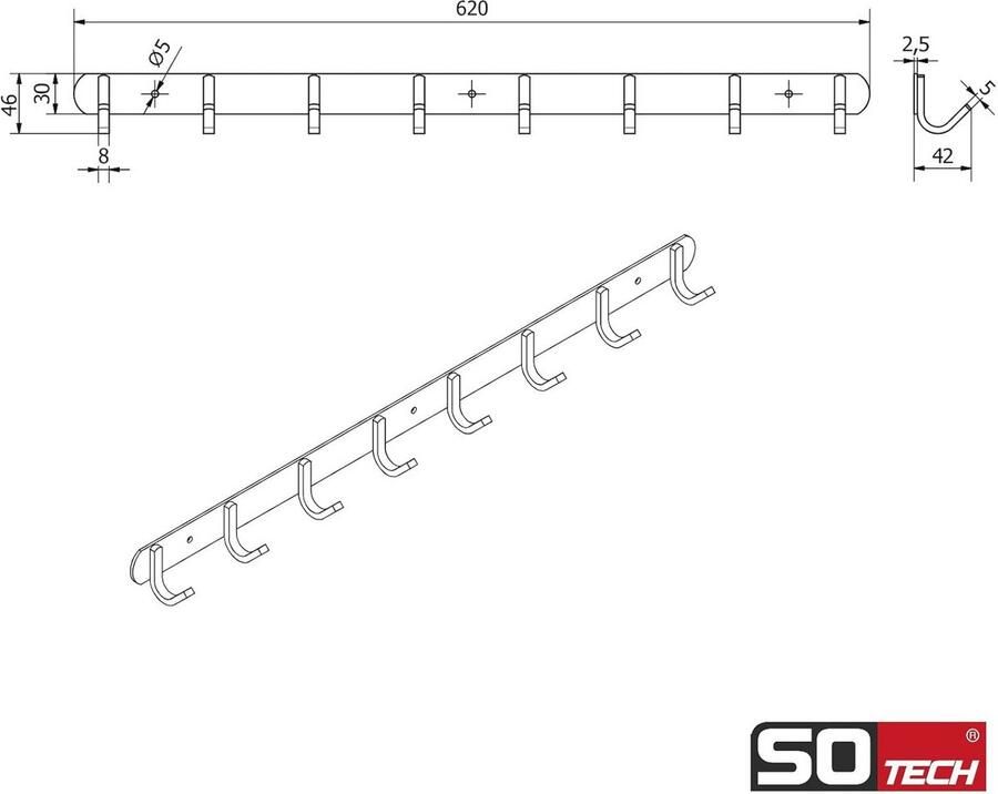 SO-TECH Multifunctionele Kapstok met 8 Haken van Roestvrij Staal Wandafwerking voor Kleding en Sleutels
