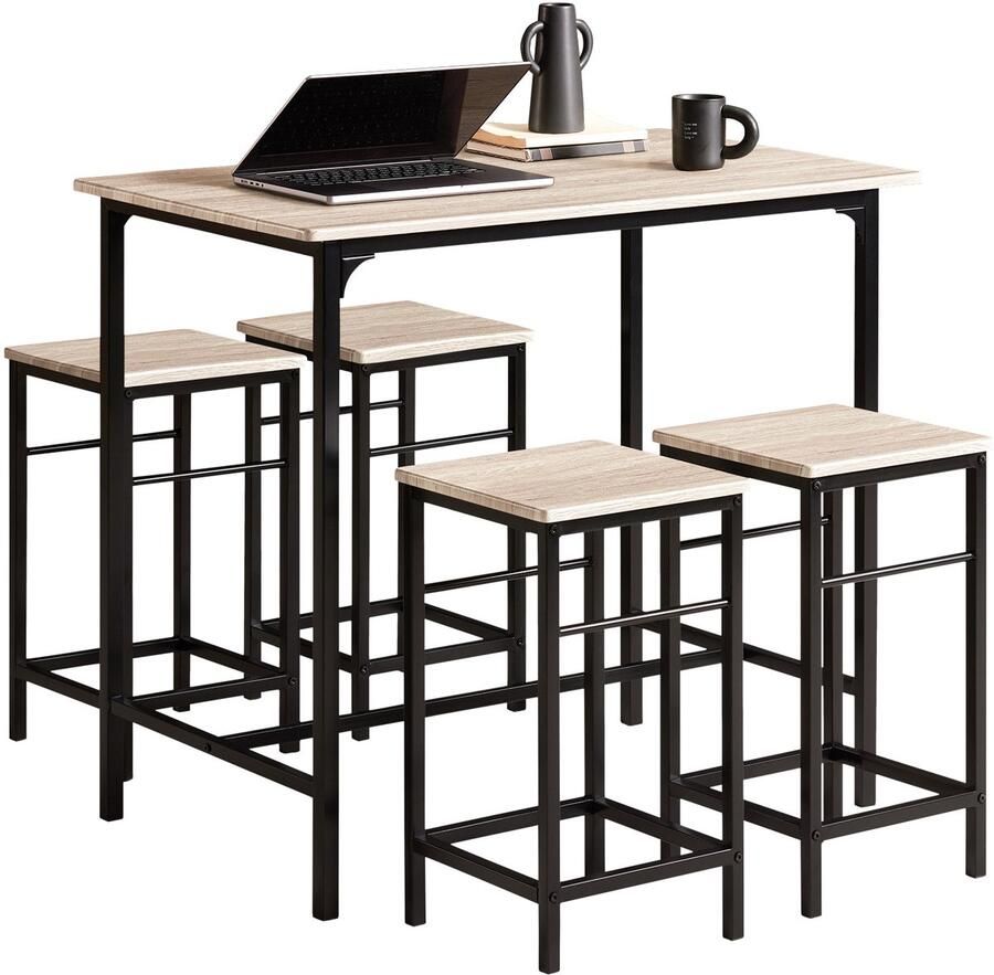 SoBuy Bartafel met 4 krukken stoelen Tuinset 5 delige Eettafel set voor keuken eetkamer bistro Naturel OGT11-N