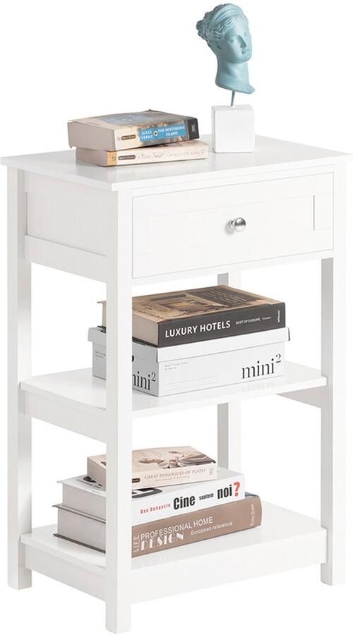 SoBuy Bijzettafel Nachtkastje met een lade en 2 planken Wit 45x68x30cm FBT46-W Voor de slaapkamer