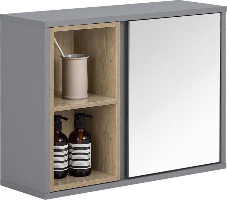 SoBuy BZR149-DG Badkamerwandkast Grijze Houten Opbergkast met Spiegel