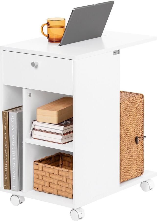 SoBuy FBT148-W Bijzettafel Witte Salontafel met Planken & Wieltjes