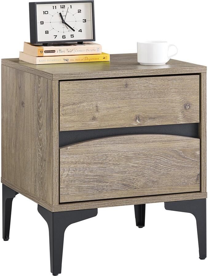 SoBuy FBT165-N Nachtkastje 2 laden met gebogen voorkant houteffect en metalen poten moderne bijzettafel voor slaapkamer 40 × 40 × 47 cm naturel