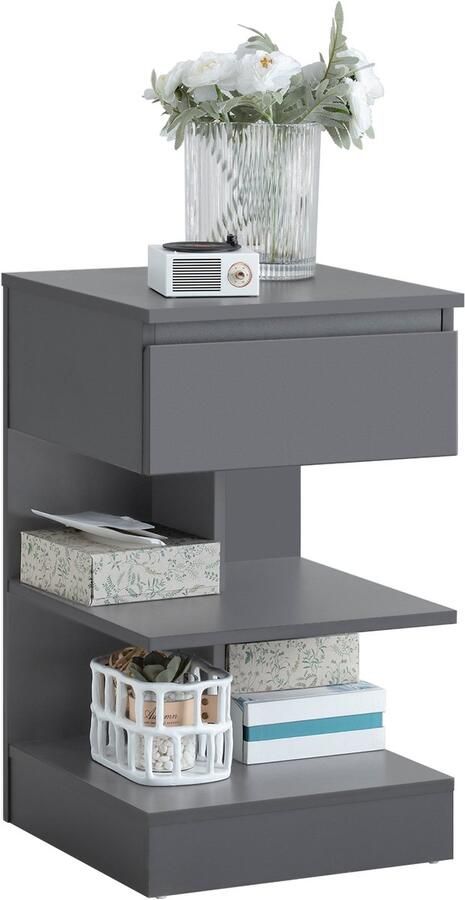 SoBuy FBT49-HG Bijzettafel Nachtkastje met 1 lade & 3 Legplanken Design Salontafel 39x65x39cm Grijs