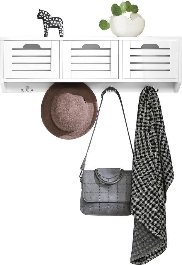 SoBuy FHK19-W Wandkapstok Witte Wandplank met Manden & Haken
