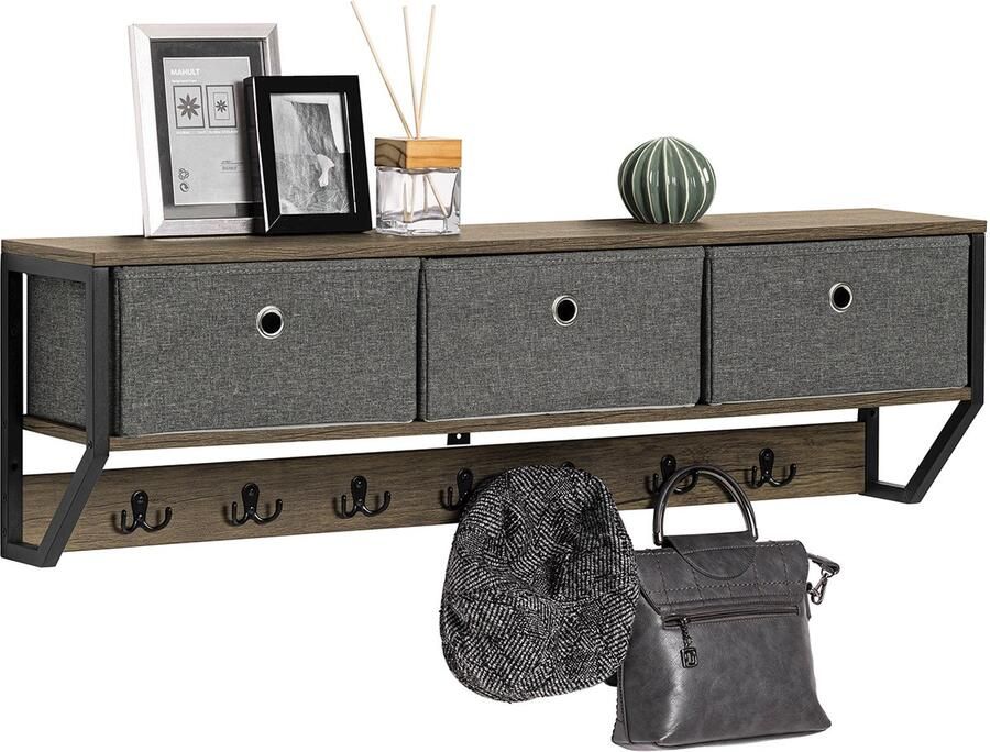 SoBuy FHK26-N Wandkapstok Zwarte Houten Muurkapstok met Plank