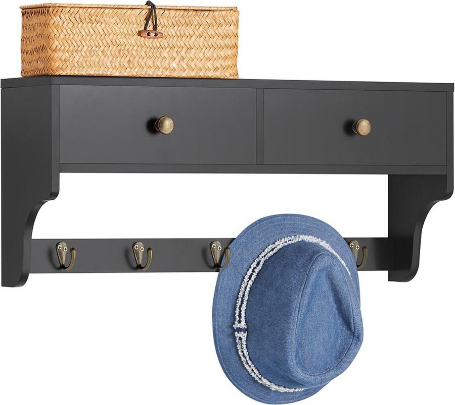 SoBuy FRG178-SCH Wandkapstok Zwart Houten met Laden & Plank