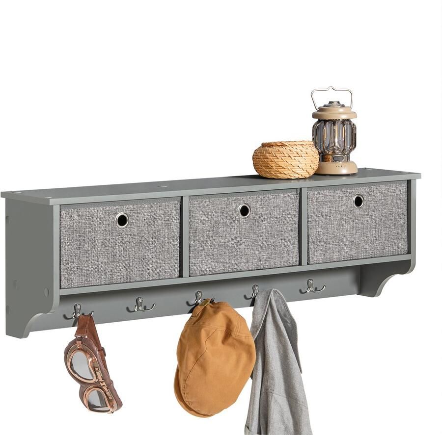 SoBuy FRG282-HG Wandkapstok Grijze Wandplank met Manden & Haken