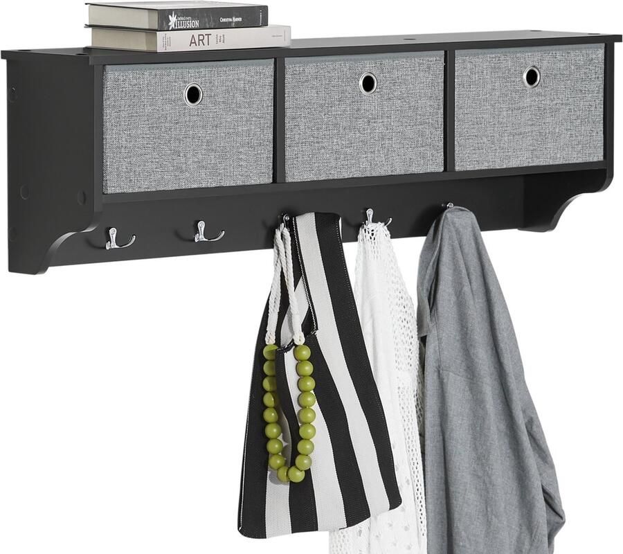 SoBuy FRG282-SCH Wandkapstok Zwarte Houten Plank met Manden & Haken