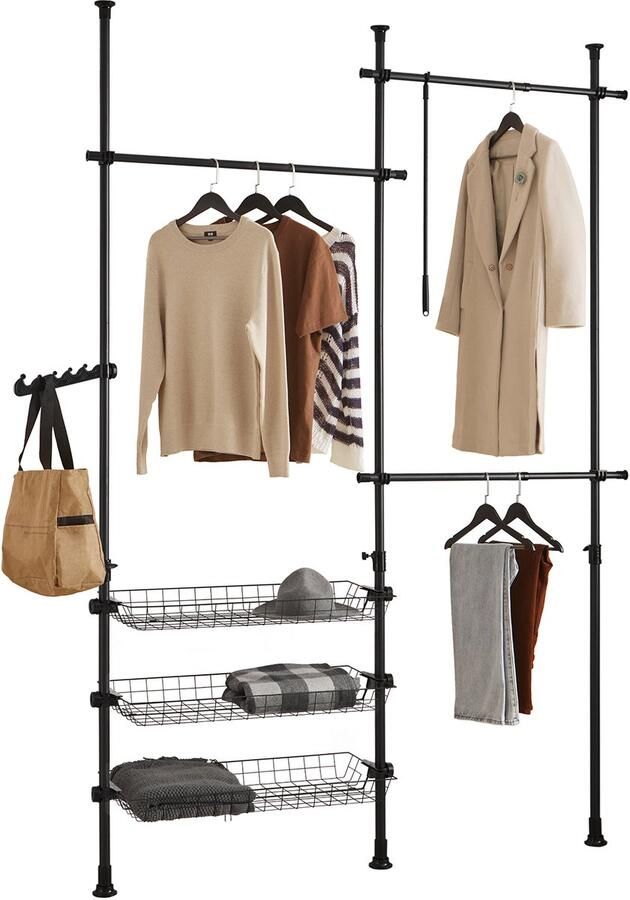 SoBuy FRG34-SCH Telescoop Kledingrek Verstelbaar Opbergsysteem B(147-195) x H(200-270) cm Zwart