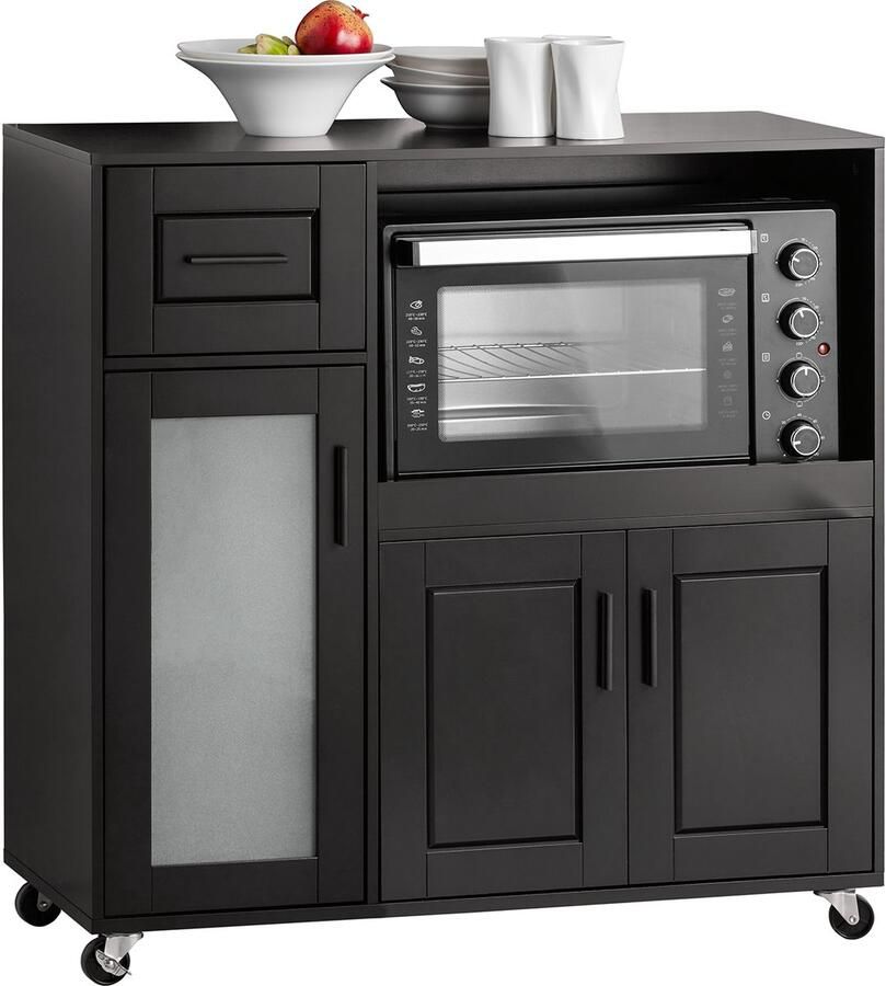 SoBuy FSB78-SCH Magnetronkast Zwarte Keukenkast met Lade & Wielen