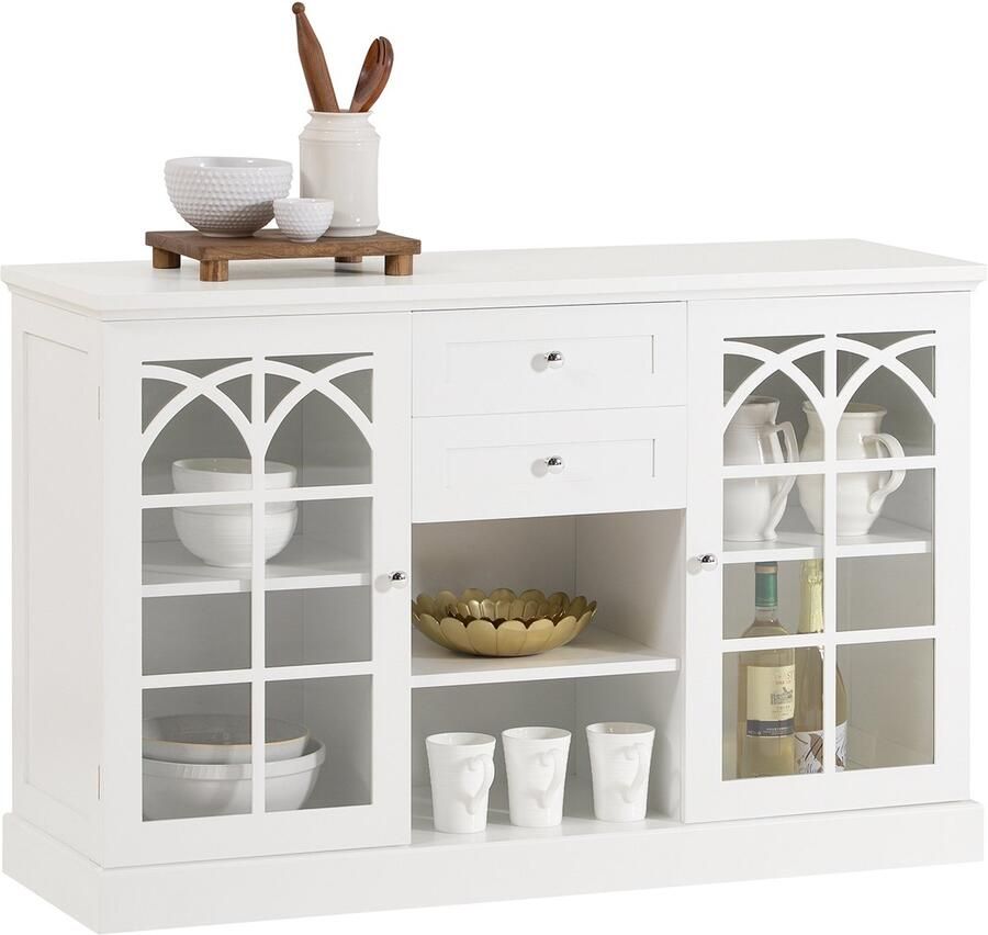 SoBuy FSB79-W Dressoir Witte Keukenkast met Lades & Glazen Deuren