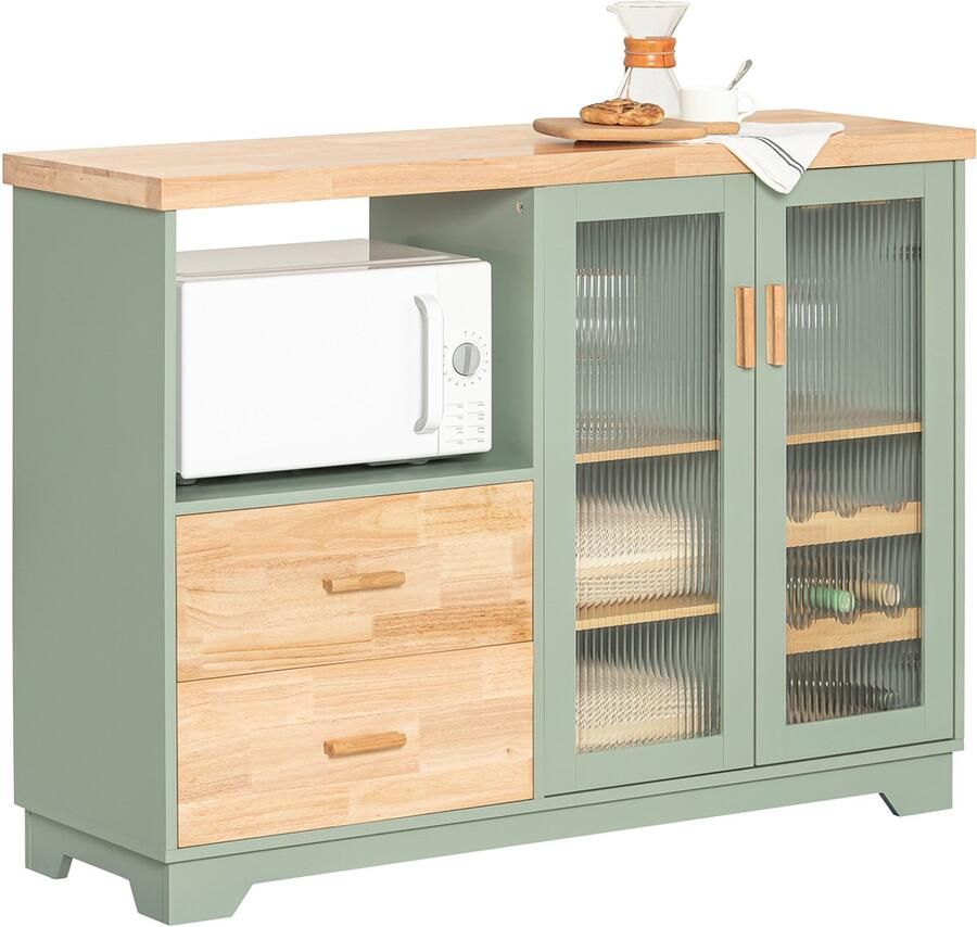 SoBuy FSB81-GR Keukenkast Groen Buffetkast met Laden & Glazen Deuren