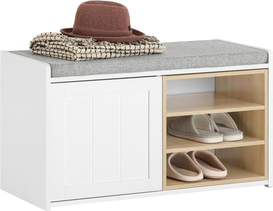 SoBuy FSR109-WN Schoenenbank Witte Opbergbank met Zitbank & Schoenenrek