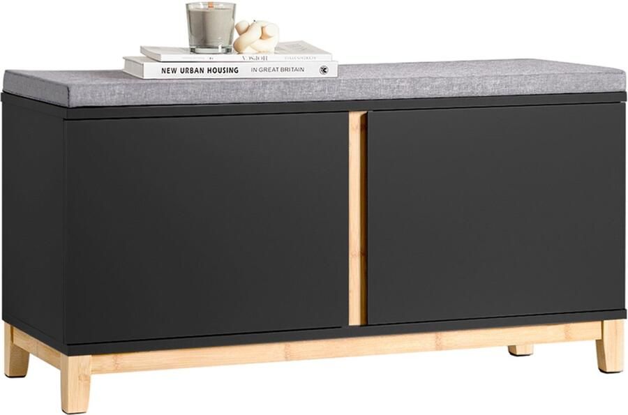 SoBuy FSR117-SCH Schoenenbank Zwarte Opbergbank met 2 Deuren